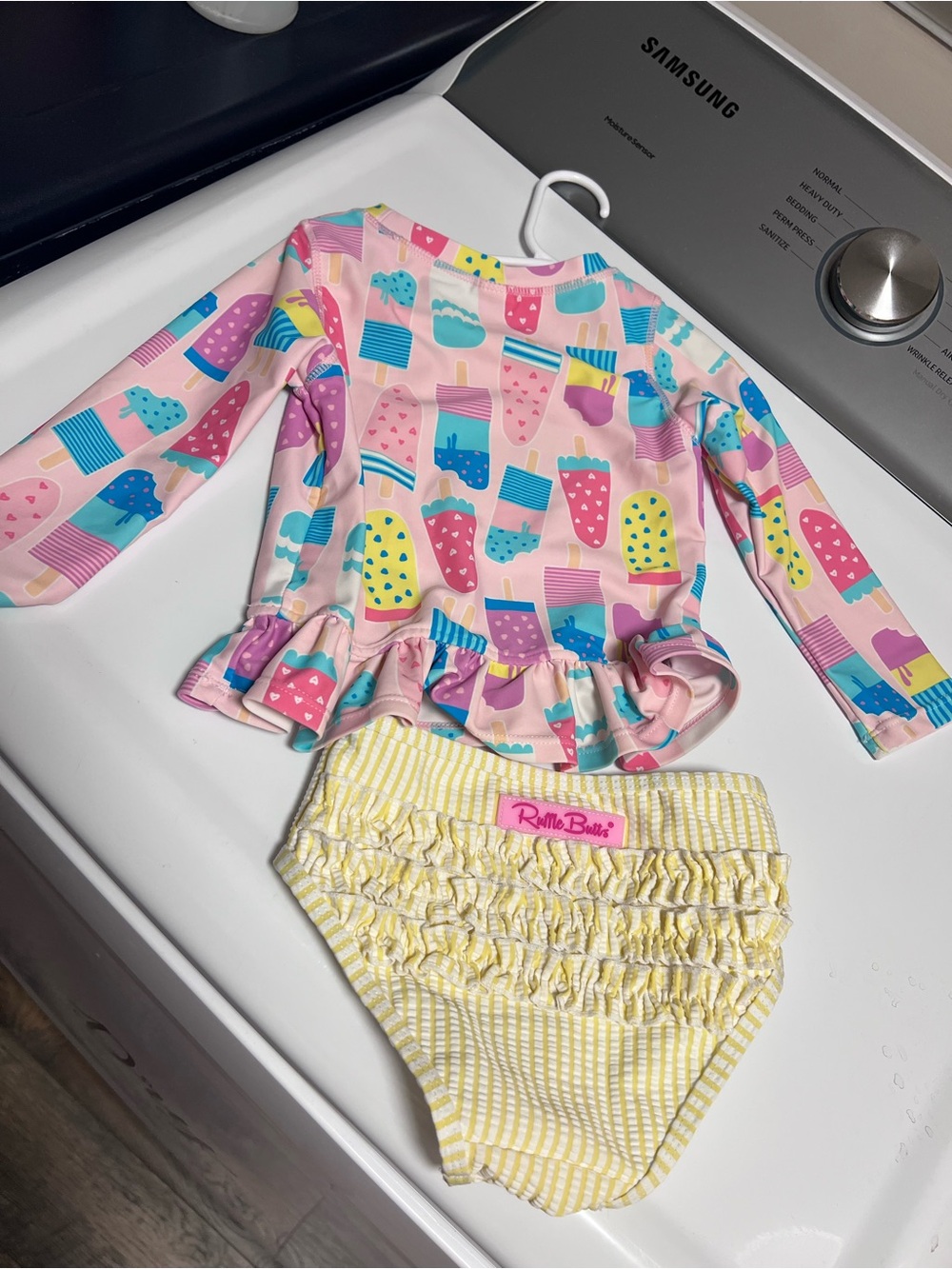 Ruffle Butts Pink Popsicle Rashguard with Yellow Ruffle Swim Bottoms